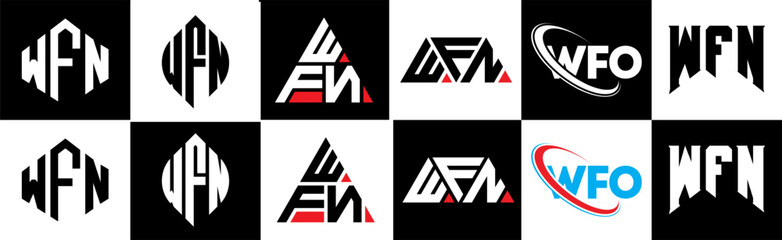 WFN letter logo design in six style. WFN polygon, circle, triangle, hexagon, flat and simple style with black and white color variation letter logo set in one artboard. WFN minimalist and classic logo