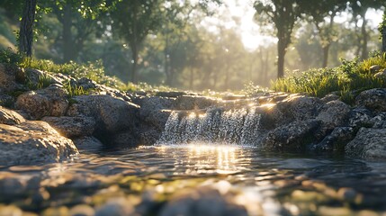 Fototapeta premium Forest stream cascading over rocks at sunrise