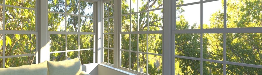 Cozy sunroom with view of trees. Interior shot for real estate ads