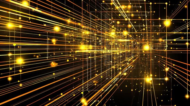 Golden abstract data flow background with glowing particles for technology, finance, and networking