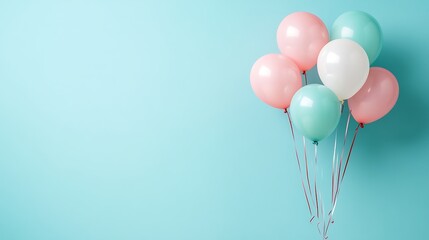 Balloons float over a blue background, decoration for celebration
