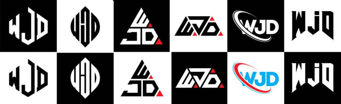 WJD letter logo design in six style. WJD polygon, circle, triangle, hexagon, flat and simple style with black and white color variation letter logo set in one artboard. WJD minimalist and classic logo