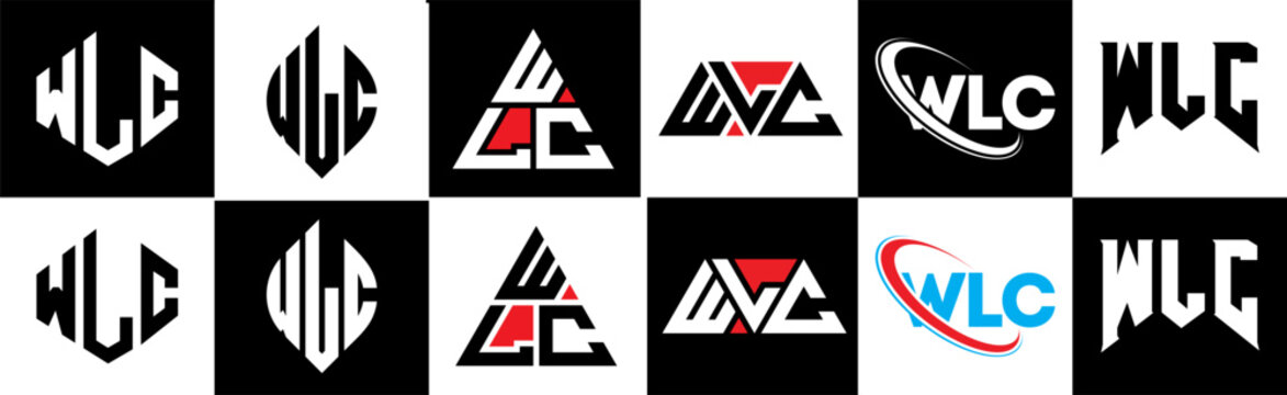 WLC letter logo design in six style. WLC polygon, circle, triangle, hexagon, flat and simple style with black and white color variation letter logo set in one artboard. WLC minimalist and classic logo