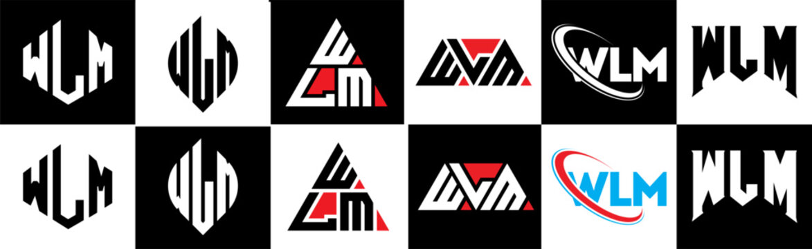 WLM letter logo design in six style. WLM polygon, circle, triangle, hexagon, flat and simple style with black and white color variation letter logo set in one artboard. WLM minimalist and classic logo