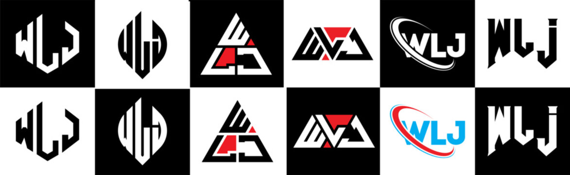 WLJ letter logo design in six style. WLJ polygon, circle, triangle, hexagon, flat and simple style with black and white color variation letter logo set in one artboard. WLJ minimalist and classic logo