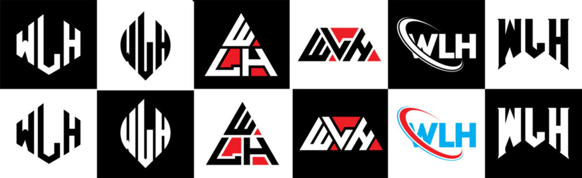 WLH letter logo design in six style. WLH polygon, circle, triangle, hexagon, flat and simple style with black and white color variation letter logo set in one artboard. WLH minimalist and classic logo