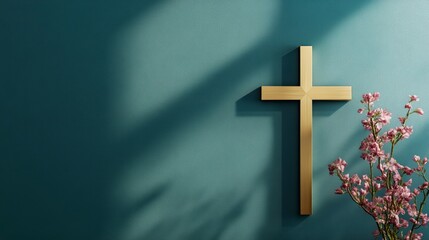 Gold cross on teal wall with flowers