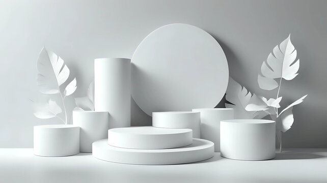 Abstract white 3D room with realistic white cylinder pedestal podium set and leaf shadow overlay. Minimal scene for product display presentation