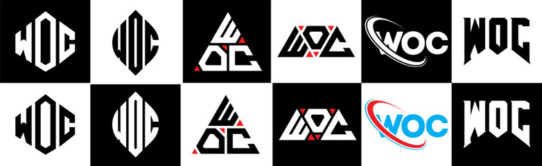 WOC letter logo design in six style. WOC polygon, circle, triangle, hexagon, flat and simple style with black and white color variation letter logo set in one artboard. WOC minimalist and classic logo