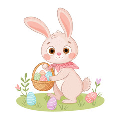 Cute Easter Bunny with a basket. Hand drawn trendy flat style isolated icon. Rabbit or hare looking for eggs in a meadow with flowers, spring festive animal holiday character. Vector illustration