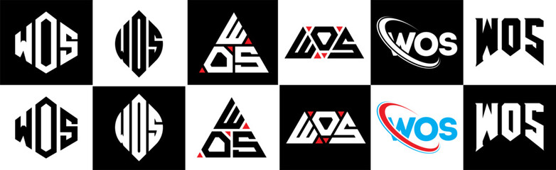 WOS letter logo design in six style. WOS polygon, circle, triangle, hexagon, flat and simple style with black and white color variation letter logo set in one artboard. WOS minimalist and classic logo
