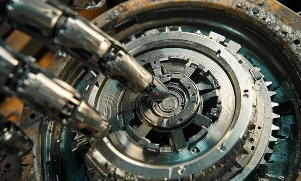 A detailed close up shows a metallic robotic hand interacting with large gears.