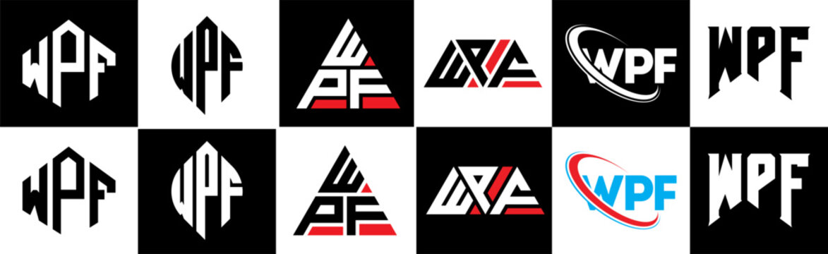 WPF letter logo design in six style. WPF polygon, circle, triangle, hexagon, flat and simple style with black and white color variation letter logo set in one artboard. WPF minimalist and classic logo
