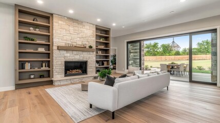 Modern open-plan living room with fireplace, built-in bookshelves, and patio views.