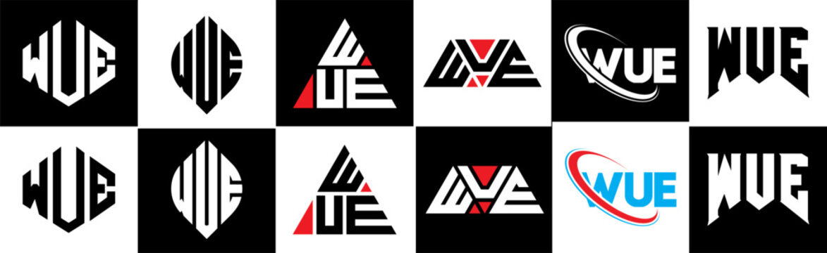 WUE letter logo design in six style. WUE polygon, circle, triangle, hexagon, flat and simple style with black and white color variation letter logo set in one artboard. WUE minimalist and classic logo