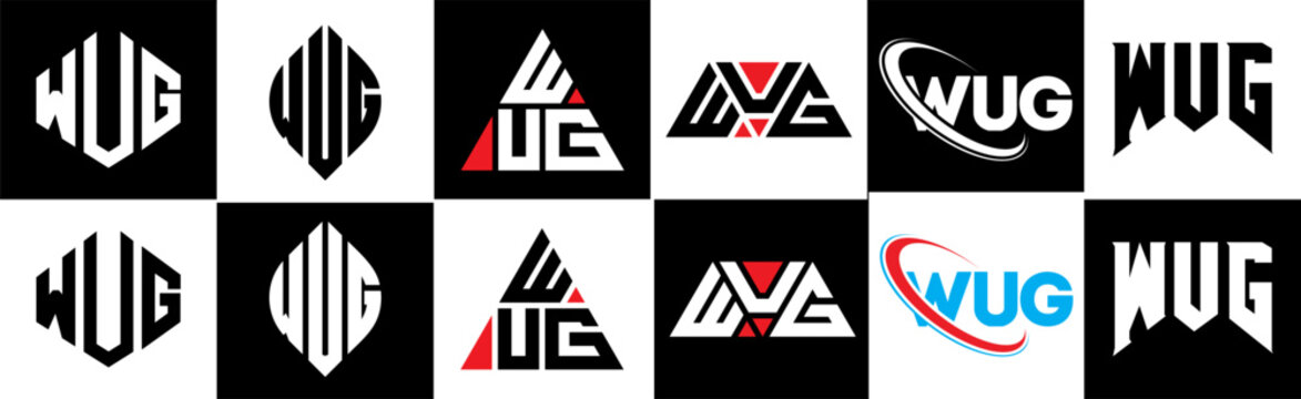 WUG letter logo design in six style. WUG polygon, circle, triangle, hexagon, flat and simple style with black and white color variation letter logo set in one artboard. WUG minimalist and classic logo