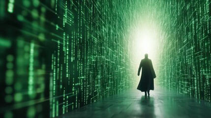 Digital Escape: A lone figure strides confidently towards a radiant, digital portal within a captivating data stream, exploring the possibilities of technology and the unknown.