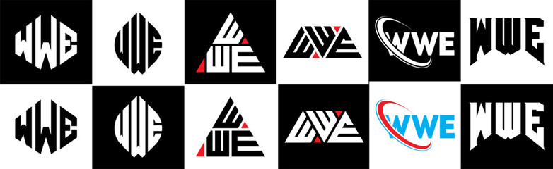 WWE letter logo design in six style. WWE polygon, circle, triangle, hexagon, flat and simple style with black and white color variation letter logo set in one artboard. WWE minimalist and classic logo