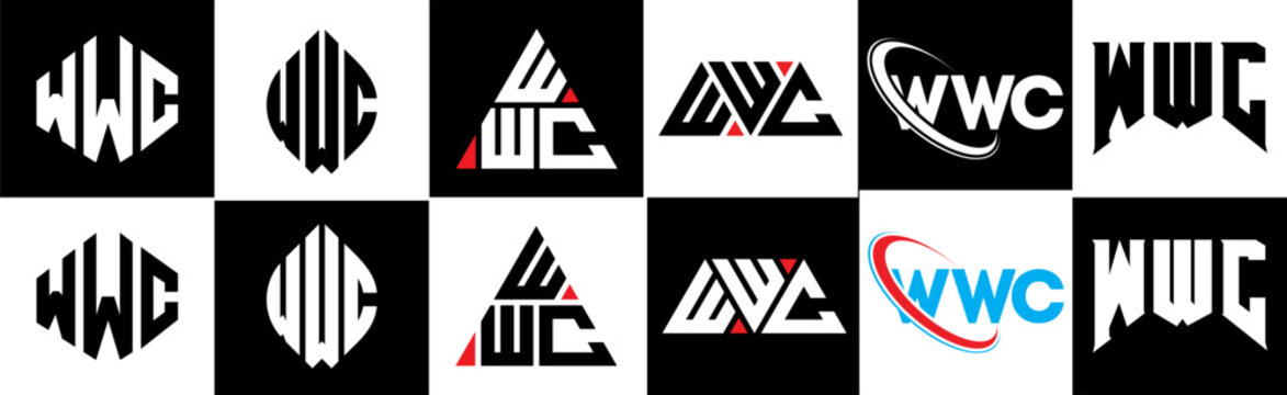 WWC letter logo design in six style. WWC polygon, circle, triangle, hexagon, flat and simple style with black and white color variation letter logo set in one artboard. WWC minimalist and classic logo