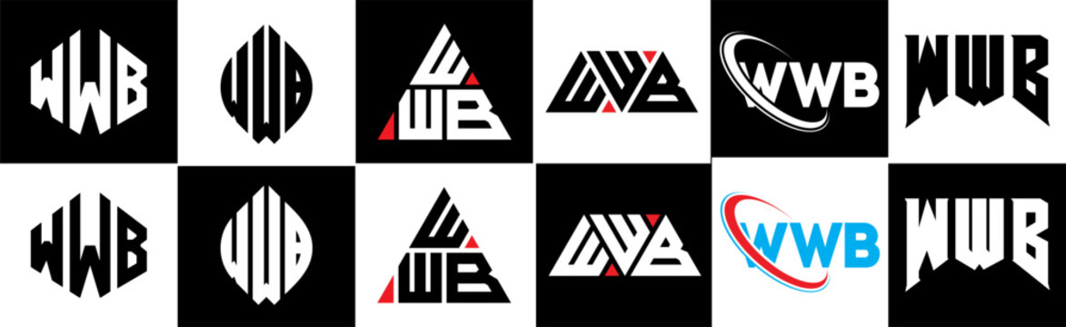 WWB letter logo design in six style. WWB polygon, circle, triangle, hexagon, flat and simple style with black and white color variation letter logo set in one artboard. WWB minimalist and classic logo