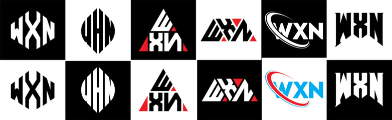 WXN letter logo design in six style. WXN polygon, circle, triangle, hexagon, flat and simple style with black and white color variation letter logo set in one artboard. WXN minimalist and classic logo
