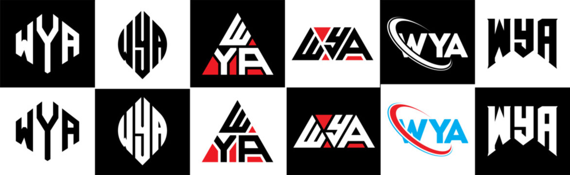 WYA letter logo design in six style. WYA polygon, circle, triangle, hexagon, flat and simple style with black and white color variation letter logo set in one artboard. WYA minimalist and classic logo