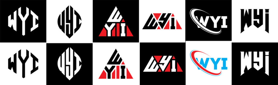 WYI letter logo design in six style. WYI polygon, circle, triangle, hexagon, flat and simple style with black and white color variation letter logo set in one artboard. WYI minimalist and classic logo
