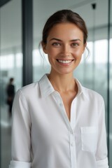 smiling woman in white shirt standing in front of glass wall