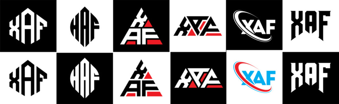 XAF letter logo design in six style. XAF polygon, circle, triangle, hexagon, flat and simple style with black and white color variation letter logo set in one artboard. XAF minimalist and classic logo