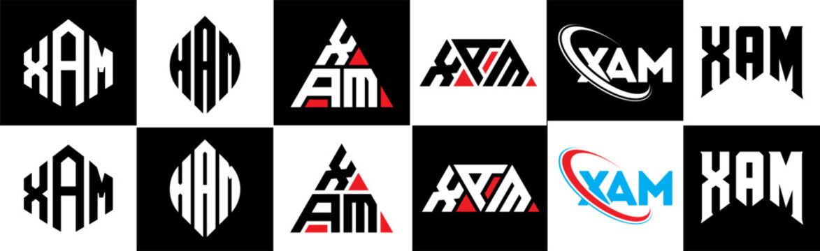 XAM letter logo design in six style. XAM polygon, circle, triangle, hexagon, flat and simple style with black and white color variation letter logo set in one artboard. XAM minimalist and classic logo