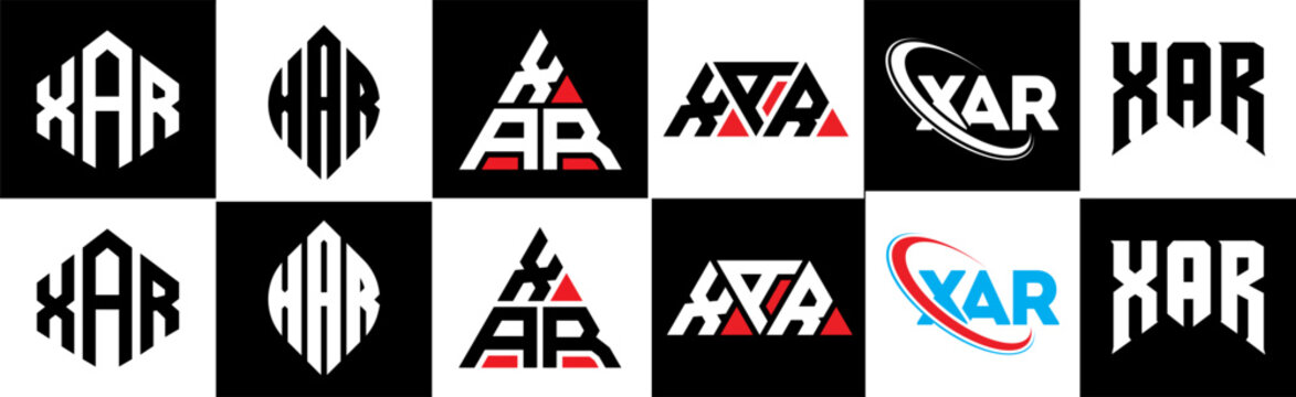 XAR letter logo design in six style. XAR polygon, circle, triangle, hexagon, flat and simple style with black and white color variation letter logo set in one artboard. XAR minimalist and classic logo