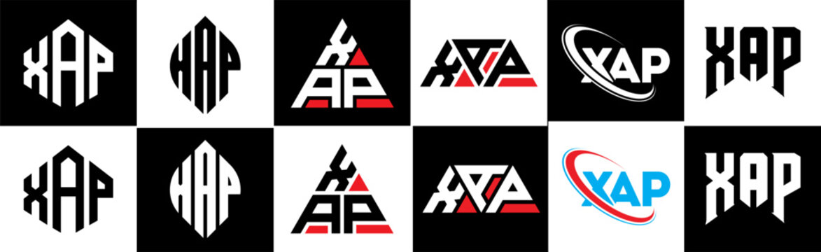 XAP letter logo design in six style. XAP polygon, circle, triangle, hexagon, flat and simple style with black and white color variation letter logo set in one artboard. XAP minimalist and classic logo