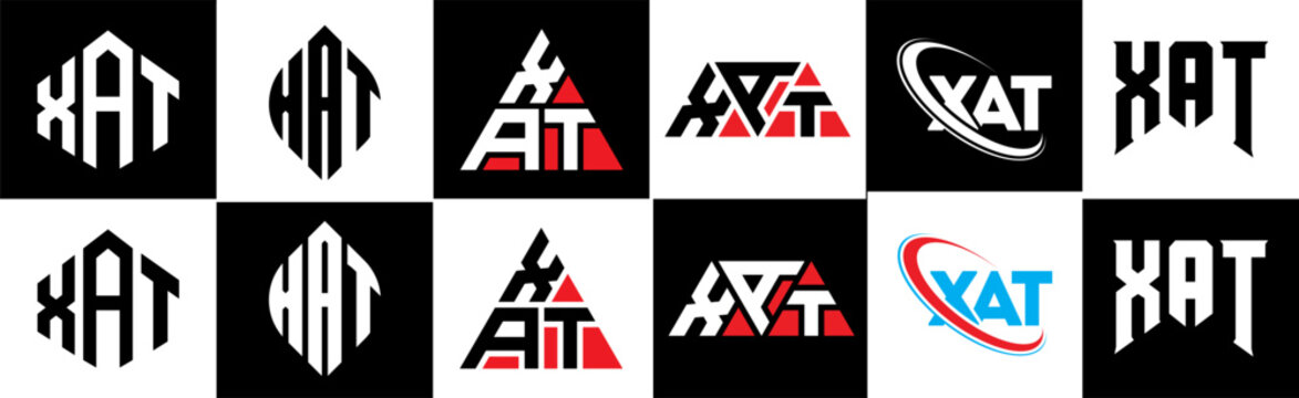 XAT letter logo design in six style. XAT polygon, circle, triangle, hexagon, flat and simple style with black and white color variation letter logo set in one artboard. XAT minimalist and classic logo
