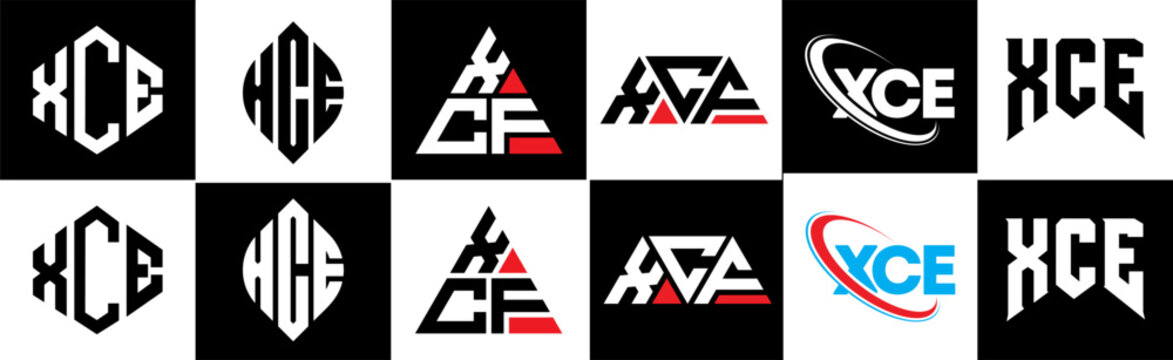 XCE letter logo design in six style. XCE polygon, circle, triangle, hexagon, flat and simple style with black and white color variation letter logo set in one artboard. XCE minimalist and classic logo