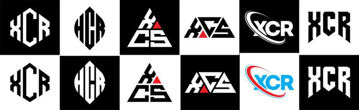 XCR letter logo design in six style. XCR polygon, circle, triangle, hexagon, flat and simple style with black and white color variation letter logo set in one artboard. XCR minimalist and classic logo