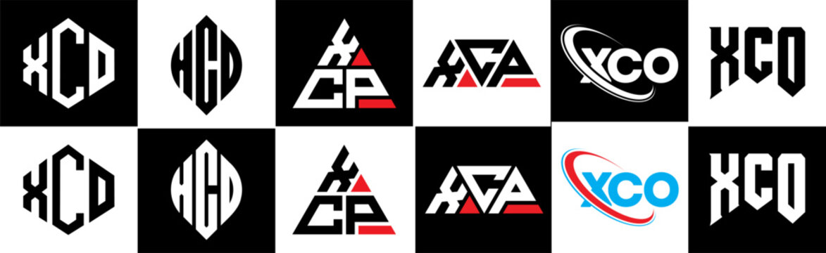 XCO letter logo design in six style. XCO polygon, circle, triangle, hexagon, flat and simple style with black and white color variation letter logo set in one artboard. XCO minimalist and classic logo