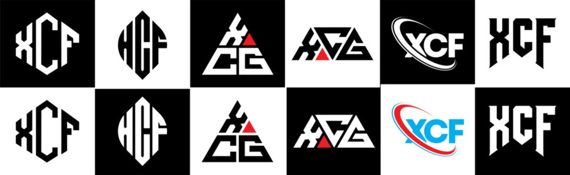 XCF letter logo design in six style. XCF polygon, circle, triangle, hexagon, flat and simple style with black and white color variation letter logo set in one artboard. XCF minimalist and classic logo