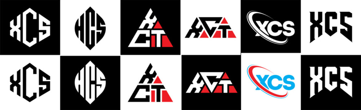 XCS letter logo design in six style. XCS polygon, circle, triangle, hexagon, flat and simple style with black and white color variation letter logo set in one artboard. XCS minimalist and classic logo