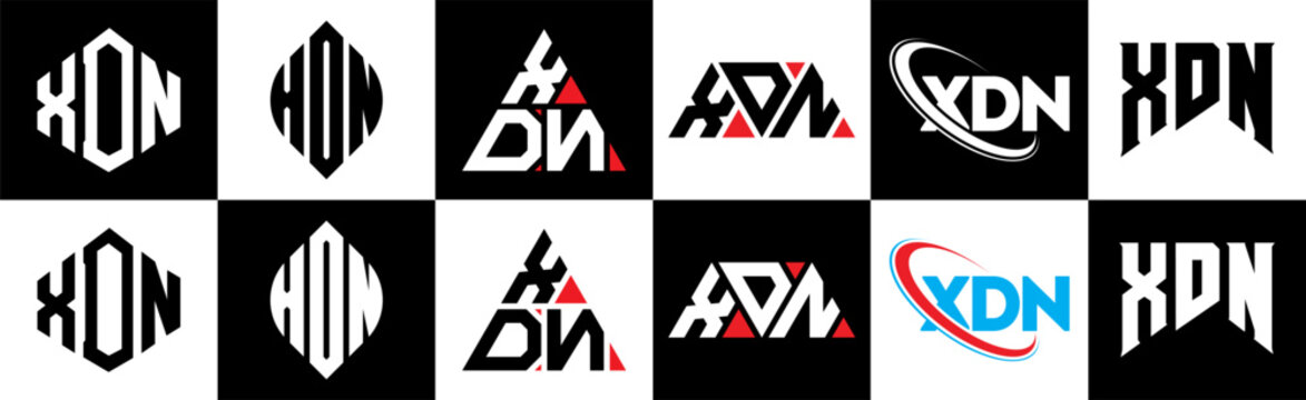 XDN letter logo design in six style. XDN polygon, circle, triangle, hexagon, flat and simple style with black and white color variation letter logo set in one artboard. XDN minimalist and classic logo