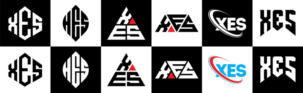 XES letter logo design in six style. XES polygon, circle, triangle, hexagon, flat and simple style with black and white color variation letter logo set in one artboard. XES minimalist and classic logo