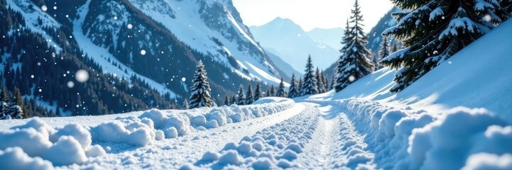 Snowflakes gently falling on the mountain road, fall of snow, winter weather