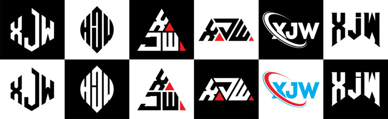 Obraz premium XJW letter logo design in six style. XJW polygon, circle, triangle, hexagon, flat and simple style with black and white color variation letter logo set in one artboard. XJW minimalist and classic logo