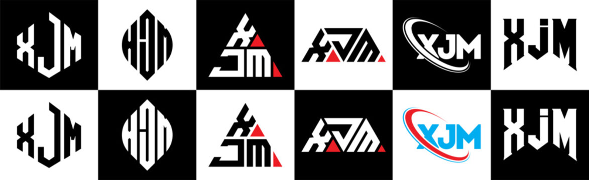 XJM letter logo design in six style. XJM polygon, circle, triangle, hexagon, flat and simple style with black and white color variation letter logo set in one artboard. XJM minimalist and classic logo
