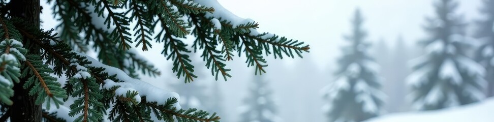 Obraz premium Spruce tree trunk against a snowy background with isolated branches, frozen, conifer