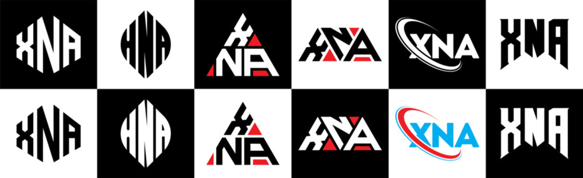 XNA letter logo design in six style. XNA polygon, circle, triangle, hexagon, flat and simple style with black and white color variation letter logo set in one artboard. XNA minimalist and classic logo