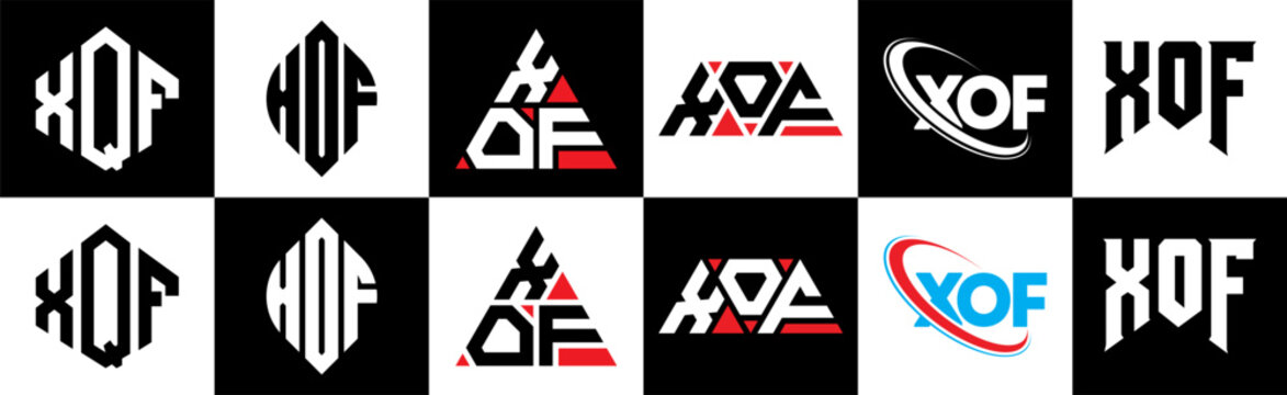 XOF letter logo design in six style. XOF polygon, circle, triangle, hexagon, flat and simple style with black and white color variation letter logo set in one artboard. XOF minimalist and classic logo