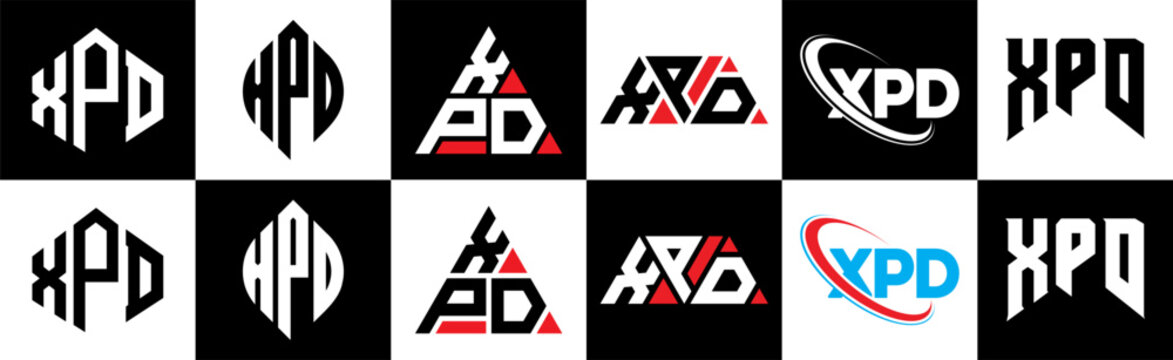 XPD letter logo design in six style. XPD polygon, circle, triangle, hexagon, flat and simple style with black and white color variation letter logo set in one artboard. XPD minimalist and classic logo