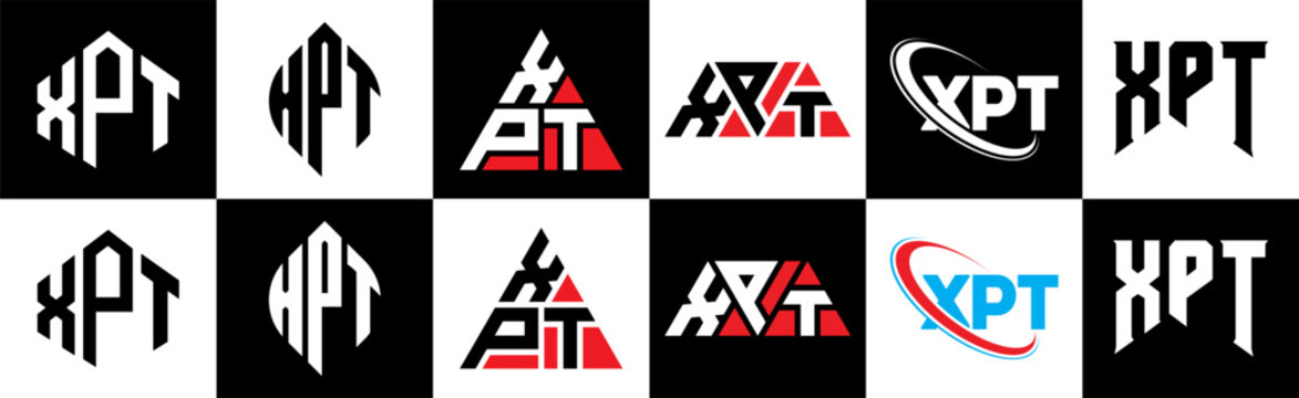 XPT letter logo design in six style. XPT polygon, circle, triangle, hexagon, flat and simple style with black and white color variation letter logo set in one artboard. XPT minimalist and classic logo