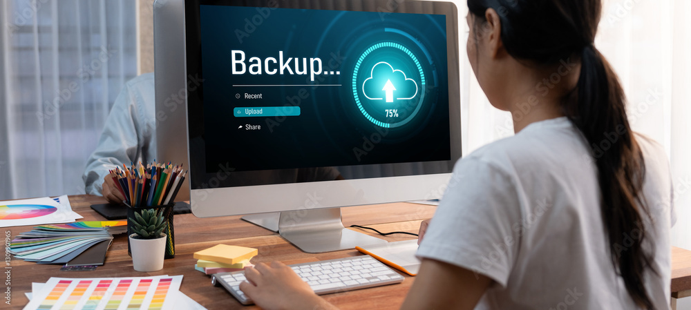 Poster Backup Storage Data Internet Technology Business concept. Database storage cloud technology file data transfer sharing, cyber, big data information, internet banking application download upload brisk