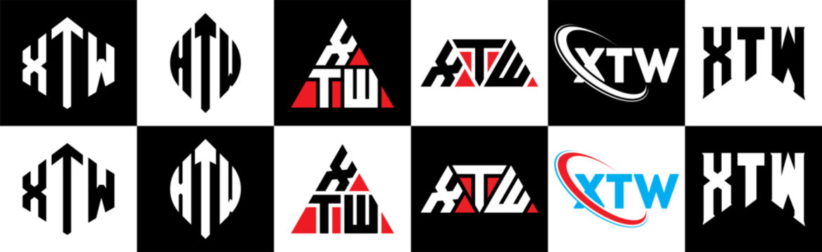 XTW letter logo design in six style. XTW polygon, circle, triangle, hexagon, flat and simple style with black and white color variation letter logo set in one artboard. XTW minimalist and classic logo